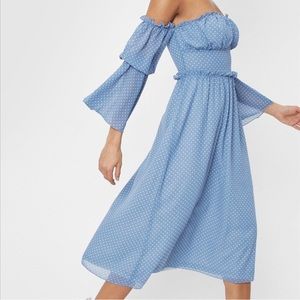 🆕 Nasty Gal Blue Polka Dot Off the Shoulder Dress